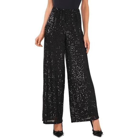 CeCe Womens Wide Leg Pants Pull-On Elastic Waist High Rise, Sequined fully lined - Picture 1 of 7